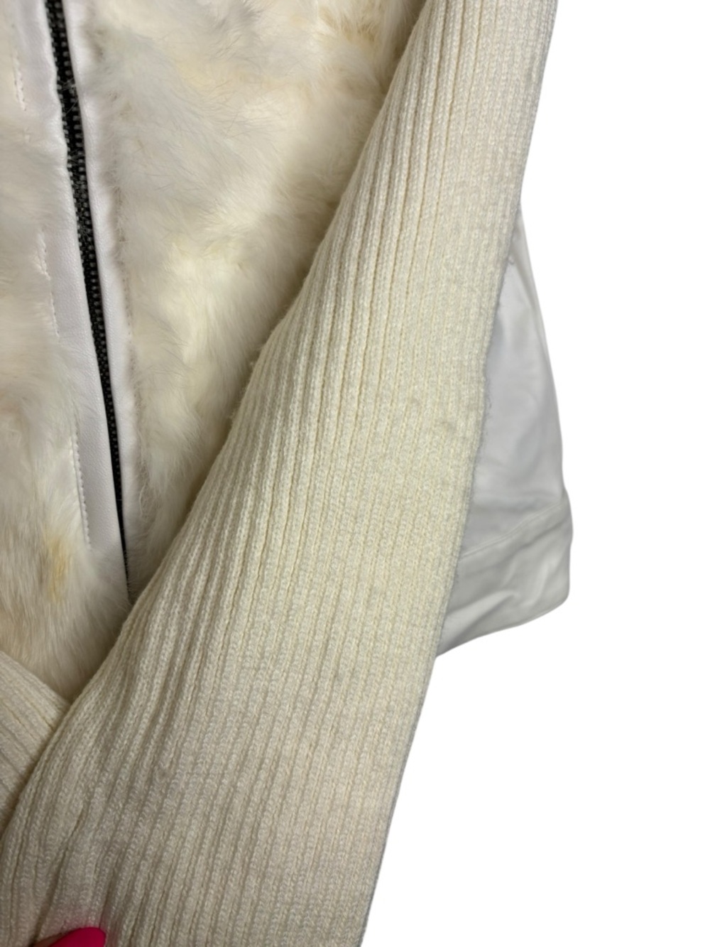 Y2K Jennyfer J Women's Moto Jacket Cream/White Rabbit Fur Leather Knit Jacket M - Picture 9 of 14
